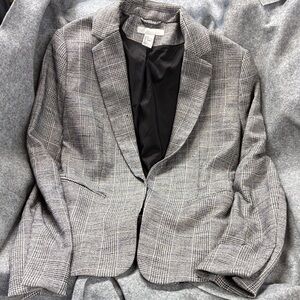 H&M plaid black grey lined viscose blend blazer jacket coat lined size 8